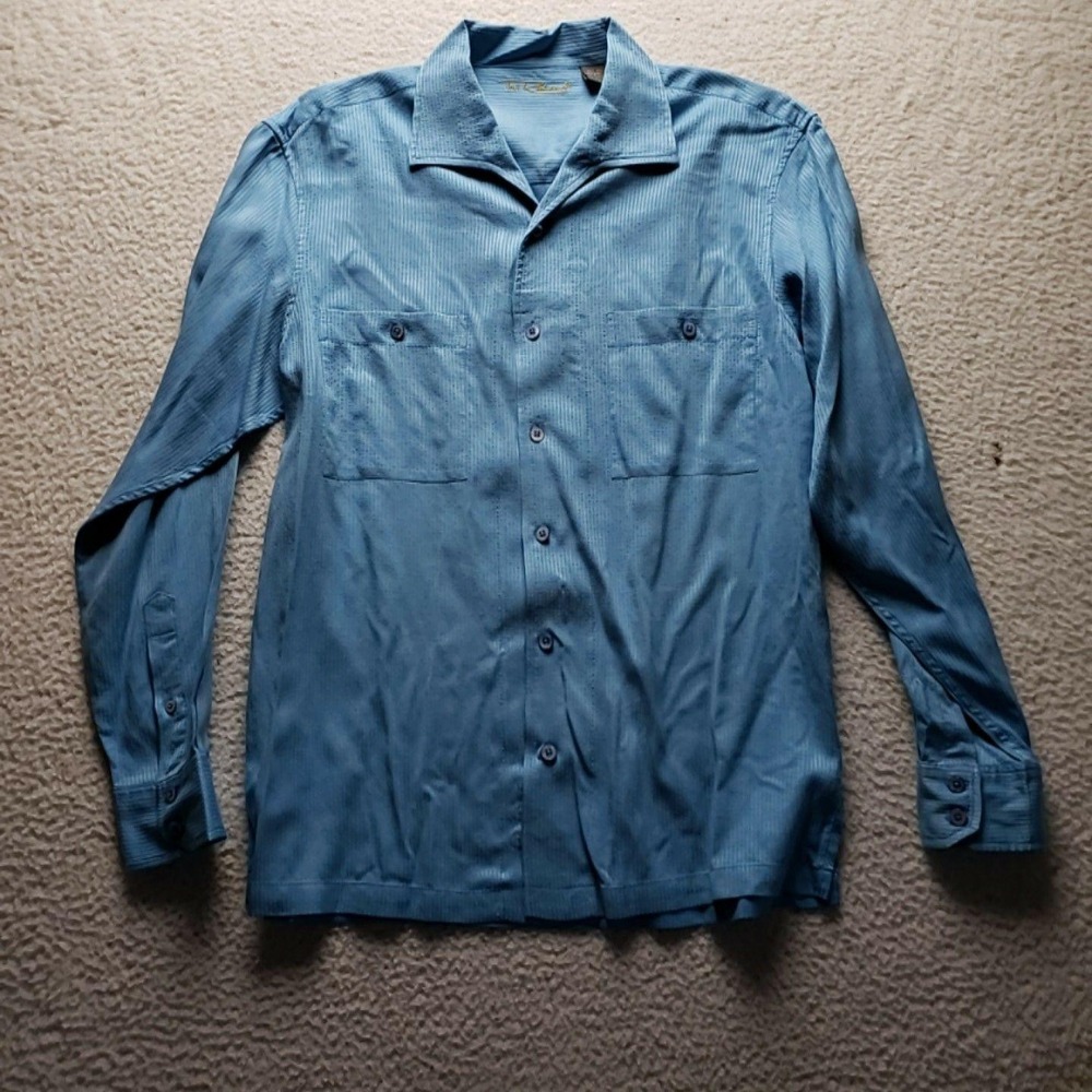 Tori Richard Shirt Mens Large Blue Stripe 100% Silk Long Sleeve Button-Up Casual